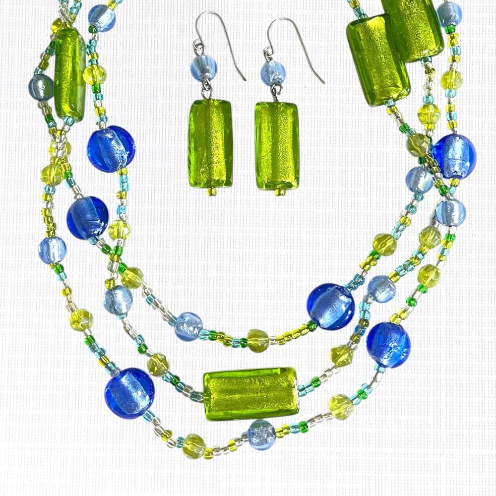 Art Glass Necklace Earrings Set Blue Green Beaded Continuous Strand Boho Jewelry